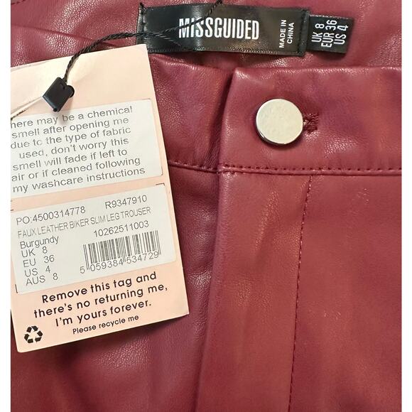 NWT Missguided Faux Leather Biker Slim Leg Trouser Burgundy Red Size 4 - Picture 8 of 9
